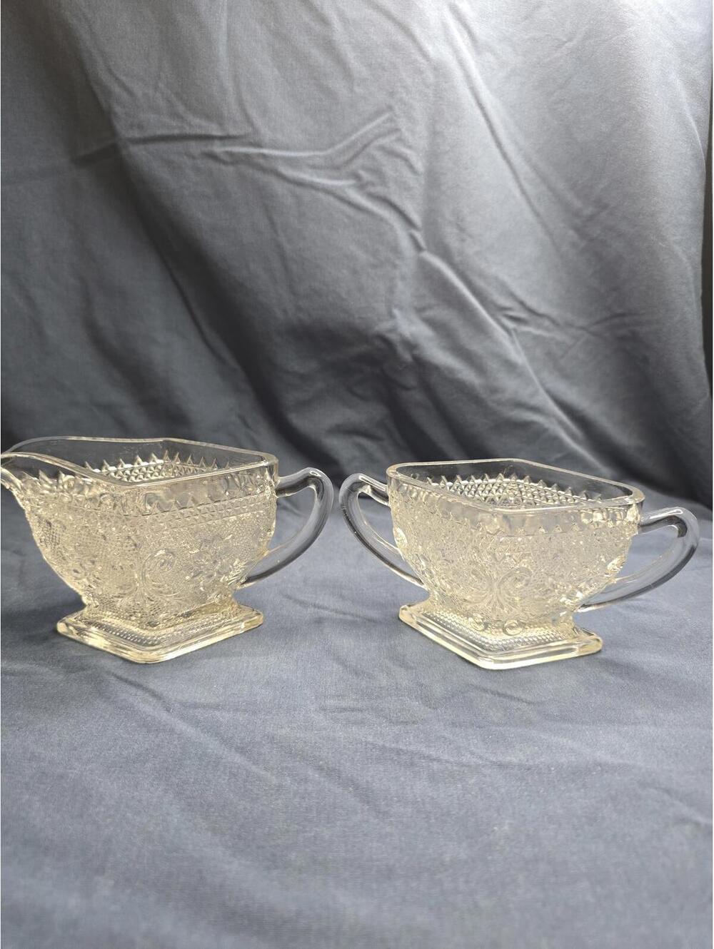 CREAMER SUGAR By Indiana Glass Clear Sandwich Unique Diamond Shape Vintage (A2)